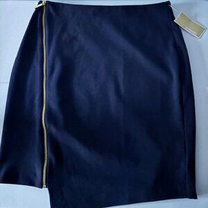 NWT MICHAEL KORS Women Front Gold Zip Knee Length Asymmetrical Skirt Blue Sz 10